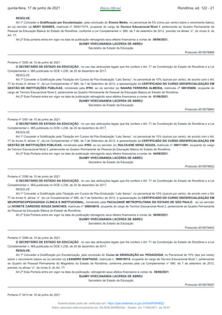 RESOLVE:
Art.1º Conceder a Gratificação por Escolarização, pela conclusão do Ensino Médio, no percentual de 5% (cinco por cento) sobre o vencimento básico,
ao (a) servidor (a) NERY SOARES, matrícula nº 300017074, ocupante do cargo de Tecnico Educacional Nivel 1 pertencente ao Quadro Permanente de
Pessoal da Educação Básica do Estado de Rondônia, conforme a Lei Complementar n. 680, de 7 de setembro de 2012, previsto na alínea “o”, do inciso II, do
Art. 77.
Art.2º Esta portaria entra em vigor na data da publicação retroagindo seus efeitos financeiros a contar de 09/06/2021.
SUAMY VIVECANANDA LACERDA DE ABREU
Secretário de Estado da Educação
Protocolo 0018578968
Portaria nº 3392 de 15 de junho de 2021
O SECRETÁRIO DE ESTADO DA EDUCAÇÃO , no uso das atribuições legais que lhe confere o Art. 71 da Constituição do Estado de Rondônia e a Lei
Complementar n. 965,publicada no DOE n.238, de 20 de dezembro de 2017,
RESOLVE:
Art.1º Conceder a Gratificação pela Titulação em Cursos de Pós-Graduação “Lato Sensu”, no percentual de 15% (quinze por cento), de acordo com o Art.
77 do Inciso II, alínea “o”, da Lei Complementar nº 680, de 7 de Setembro de 2012, e apresentação do CERTIFICADO DO CURSO DEESPECIALIZAÇÃO EM
GESTÃO DE INSTITUIÇÕES PÚBLICAS, ministrado pela IFRO, ao (a) servidor (a) NAIARA FERREIRA ALMEIDA, matricula nº 300105898, ocupante do
cargo de Tecnico Educacional Nivel 2, pertencente ao Quadro Permanente de Pessoal da Educação Básica do Estado de Rondônia.
Art.2º Esta Portaria entra em vigor na data da publicação retroagindo seus efeitos financeiros a contar de 01/06/2021.
SUAMY VIVECANANDA LACERDA DE ABREU
Secretário de Estado da Educação
Protocolo 0018579840
Portaria nº 3391 de 15 de junho de 2021
O SECRETÁRIO DE ESTADO DA EDUCAÇÃO , no uso das atribuições legais que lhe confere o Art. 71 da Constituição do Estado de Rondônia e a Lei
Complementar n. 965,publicada no DOE n.238, de 20 de dezembro de 2017,
RESOLVE:
Art.1º Conceder a Gratificação pela Titulação em Cursos de Pós-Graduação “Lato Sensu”, no percentual de 15% (quinze por cento), de acordo com o Art.
77 do Inciso II, alínea “o”, da Lei Complementar nº 680, de 7 de Setembro de 2012, e apresentação do CERTIFICADO DO CURSO DEESPECIALIZAÇÃO EM
GESTÃO DE INSTITUIÇÕES PÚBLICAS, ministrado pela IFRO, ao (a) servidor (a) DULCILENE DENIZ SOUZA, matricula nº 300111891, ocupante do cargo
de Tecnico Educacional Nivel 2, pertencente ao Quadro Permanente de Pessoal da Educação Básica do Estado de Rondônia.
Art.2º Esta Portaria entra em vigor na data da publicação retroagindo seus efeitos financeiros a contar de 04/06/2021.
SUAMY VIVECANANDA LACERDA DE ABREU
Secretário de Estado da Educação
Protocolo 0018579652
Portaria nº 3390 de 15 de junho de 2021
O SECRETÁRIO DE ESTADO DA EDUCAÇÃO , no uso das atribuições legais que lhe confere o Art. 71 da Constituição do Estado de Rondônia e a Lei
Complementar n. 965,publicada no DOE n.238, de 20 de dezembro de 2017,
RESOLVE:
Art.1º Conceder a Gratificação pela Titulação em Cursos de Pós-Graduação “Lato Sensu”, no percentual de 15% (quinze por cento), de acordo com o Art.
77 do Inciso II, alínea “o”, da Lei Complementar nº 680, de 7 de Setembro de 2012, e apresentação do CERTIFICADO DO CURSO DEESPECIALIZAÇÃO EM
NEUROPSICOPEDAGOGIA CLÍNICA E INSTITUCIONAL , ministrado pela FACULDADE METROPOLITANA DO ESTADO DE SÃO PAULO , ao (a) servidor
(a) IVONETE CARDOSO SOUZA SANCHES, matricula nº 300034016, ocupante do cargo de Tecnico Educacional Nivel 2, pertencente ao Quadro Permanente
de Pessoal da Educação Básica do Estado de Rondônia.
Art.2º Esta Portaria entra em vigor na data da publicação retroagindo seus efeitos financeiros a contar de 08/06/2021.
SUAMY VIVECANANDA LACERDA DE ABREU
Secretário de Estado da Educação
Protocolo 0018579453
Portaria nº 3386 de 15 de junho de 2021
O SECRETÁRIO DE ESTADO DA EDUCAÇÃO , no uso das atribuições legais que lhe confere o Art. 71 da Constituição do Estado de Rondônia e a Lei
Complementar n. 965,publicada no DOE n.238, de 20 de dezembro de 2017,
RESOLVE:
Art.1º Conceder a Gratificação por Escolarização, pela conclusão do Curso de GRADUAÇÃO em PEDAGOGIA, no Percentual de 10% (dez por cento)
sobre o vencimento básico ao (a) servidor (a) LEANDRO SANTIAGO, matrícula n. 300019514, ocupante do cargo de Tecnico Educacional Nivel 1, pertencente
ao Quadro de Pessoal Permanente do Magistério do Estado de Rondônia, conforme previsto pela Lei Complementar n° 680, de 7 de setembro de 2012,
previsto na alínea “o”, do inciso II, do Art. 77.
Art.2º Esta Portaria entra em vigor na data da publicação, retroagindo seus efeitos financeiros a contar de 08/06/2021.
SUAMY VIVECANANDA LACERDA DE ABREU
Secretário de Estado da Educação
Protocolo 0018578587
Portaria nº 3415 de 16 de junho de 2021
quinta-feira, 17 de junho de 2021 Diário Oficial Rondônia, ed. 122 - 21
Autenticidade pode ser verificada em: https://ppe.sistemas.ro.gov.br/Diof/Pdf/9622
Diário assinado eletronicamente por GILSON BARBOSA - Diretor, em 17/06/2021, às 00:47
 