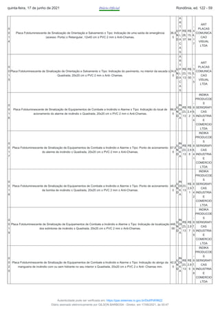 0
0
1
4
Placa Fotoluminescente de Sinalização de Orientação e Salvamento ± Tipo: Indicação de uma saída de emergência
(acesso: Porta) ± Retangular, 12x40 cm ± PVC 2 mm ± Anti-Chamas.
36,0
0
U
N
D
A
R
T
P
L
A
C
A
S
R$
28,
37
R$
15,
84
-
4
4,
1
7
ART
PLACAS
COMUNICA
CAO
VISUAL
LTDA
0
0
1
5
Placa Fotoluminescente de Sinalização de Orientação e Salvamento ± Tipo: Indicação do pavimento, no interior da escada ±
Quadrada, 20x20 cm ± PVC 2 mm ± Anti- Chamas.
24,0
0
U
N
D
A
R
T
P
L
A
C
A
S
R$
23,
13
R$
15,
00
-
3
5,
1
5
ART
PLACAS
COMUNICA
CAO
VISUAL
LTDA
0
0
1
6
Placa Fotoluminescente de Sinalização de Equipamentos de Combate a Incêndio e Alarme ± Tipo: Indicação do local de
acionamento do alarme de incêndio ± Quadrada, 20x20 cm ± PVC 2 mm ± Anti-Chamas.
66,0
0
U
N
D
IN
DI
K
A
R$
23,
13
R$
2,4
2
-
8
9,
5
4
INDIKA
PRODUCOE
S
SERIGRAFI
CAS
INDUSTRIA
E
COMERCIO
LTDA
0
0
1
7
Placa Fotoluminescente de Sinalização de Equipamentos de Combate a Incêndio e Alarme ± Tipo: Ponto de acionamento
do alarme de incêndio ± Quadrada, 20x20 cm ± PVC 2 mm ± Anti-Chamas.
67,0
0
U
N
D
IN
DI
K
A
R$
23,
13
R$
2,6
8
-
8
8,
4
1
INDIKA
PRODUCOE
S
SERIGRAFI
CAS
INDUSTRIA
E
COMERCIO
LTDA
0
0
1
8
Placa Fotoluminescente de Sinalização de Equipamentos de Combate a Incêndio e Alarme ± Tipo: Ponto de acionamento
da bomba de incêndio ± Quadrada, 20x20 cm ± PVC 2 mm ± Anti-Chamas.
48,0
0
U
N
D
IN
DI
K
A
23,
13
R$
2,9
1
-
8
7,
4
2
INDIKA
PRODUCOE
S
SERIGRAFI
CAS
INDUSTRIA
E
COMERCIO
LTDA
0
0
1
9
Placa Fotoluminescente de Sinalização de Equipamentos de Combate a Incêndio e Alarme ± Tipo: Indicação de localização
dos extintores de incêndio ± Quadrada, 20x20 cm ± PVC 2 mm ± Anti-Chamas.
448,
00
U
N
D
IN
DI
K
A
R$
23,
13
R$
2,8
7
-
8
7,
5
9
INDIKA
PRODUCOE
S
SERIGRAFI
CAS
INDUSTRIA
E
COMERCIO
LTDA
0
0
2
0
Placa Fotoluminescente de Sinalização de Equipamentos de Combate a Incêndio e Alarme ± Tipo: Indicação do abrigo da
mangueira de incêndio com ou sem hidrante no seu interior ± Quadrada, 20x20 cm ± PVC 2 ± Anti- Chamas mm.
42,0
0
U
N
D
IN
DI
K
A
R$
23,
13
R$
2,8
5
-
8
7,
6
8
INDIKA
PRODUCOE
S
SERIGRAFI
CAS
INDUSTRIA
E
COMERCIO
LTDA
quinta-feira, 17 de junho de 2021 Diário Oficial Rondônia, ed. 122 - 59
Autenticidade pode ser verificada em: https://ppe.sistemas.ro.gov.br/Diof/Pdf/9622
Diário assinado eletronicamente por GILSON BARBOSA - Diretor, em 17/06/2021, às 00:47
 