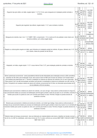 0
0
3
0
Esguicho tipo jato sólido, em latão, engate rápido 1 1/ 2" X 13 mm, para mangueira em instalação predial combate a
incêndio.
42,0
0
U
N
D
B
E
L
M
A
R
R$
58,
18
R$
58,
18
0,
0
0
VALTAIR
LEMOS
LOPES
EIRELI
0
0
3
1
Esguicho jato regulável, tipo elkhart, engate rápido 1 1/ 2", para combate a incêndio.
55,0
0
U
N
D
B
E
L
M
A
R
R$
190
,60
R$
137
,08
-
2
8,
0
8
VALTAIR
LEMOS
LOPES
EIRELI
0
0
3
6
Mangueira de incêndio, tipo 2, de 1 1/ 2" (NBR 11861), comprimento = 15 m, tecido em fio de poliéster e tubo interno em
borracha sintética, com uniões engate rápido.
85,0
0
U
N
D
C
M
C
O
U
T
O
R$
491
,14
R$
292
,77
-
4
0,
3
9
SIS
COMERCIO
DE
MATERIAIS
E
EQUIPAME
NTOS LTDA
0
0
3
7
Registro ou válvula globo angular em latão, para hidrantes em instalação predial de incêndio, 45 graus, diâmetro de 2 1/ 2",
com volante, classe de pressão de até 200 psi.
22,0
0
U
N
D
M
O
C
E
LI
N
R$
162
,30
R$
139
,27
-
1
4,
1
9
DIPAR
FERRAGEN
S - EIRELI
0
0
3
8
Adaptador, em latão, engate rápido 1 1/ 2" x rosca interna 5 fios 2 1/2", para instalação predial de combate a incêndio.
41,0
0
U
N
D
M
E
T
A
L
C
A
S
T
Y
R$
55,
64
R$
48,
26
-
1
3,
2
6
CCK
COMERCIA
L LTDA
0
0
3
9
Sirene audiovisual convencional - sirene piezoelétrica bitonal de alta intensidade para sinalização sonora e LEDs vermelhos
pulsantes de alto brilho para sinalização visual, deve possuir base de ABS para encaixe de sobrepor com furação lateral
pré-moldada para eletrodutos de ¾´. Permitir a instalação em sistemas de alarmes de incêndios com ou sem supervisão.
Deve possuir Led´s de alta luminosidade vermelhos que permite a visualização do alarme em ambientes com alto nível de
ruído. Compatível com qualquer sistema de alarme de incêndio convencional de 24 Volts, ter dimensões aproximadas de 93
mm de diâmetro e 90 mm de altura.
63,0
0
U
N
D
IL
U
M
A
C
R$
113
,03
R$
100
,00
-
1
1,
5
3
VALTAIR
LEMOS
LOPES
EIRELI
0
0
4
0
Botoeira para acionamento à distância do alarme de incêndio, com pino de ligar. Caixa externa confeccionada em chapa de
aço previamente tratado por processo de fosfatização (anti-ferrugem) pintado a base de pó epóxi na cor vermelha, incluindo
martelo para auxílio na quebra do vidro com corrente para fixada na caixa. Permite a fixação na parede através de
parafusos e buchas.
71,0
0
U
N
D
S
E
G
U
RI
M
A
X
R$
182
,60
R$
100
,00
-
4
5,
2
4
DIPAR
FERRAGEN
S - EIRELI
0
0
4
1
Botoeira para acionamento à distância da bomba de incêndio, com botão liga/ desliga. Caixa externa confeccionada em
chapa de aço previamente tratado por processo de fosfatização (anti-ferrugem) pintado a base de pó epóxi na cor vermelha,
incluindo martelo para auxílio na quebra do vidro com corrente para fixada na caixa. Permite a fixação na parede através de
parafusos e buchas.
61,0
0
U
N
D
IL
U
M
A
C
R$
187
,54
R$
130
,00
-
3
0,
6
8
VALTAIR
LEMOS
LOPES
EIRELI
0
0
4
2
Detector óptico de fumaça convencional - deve ser fabricado em material plástico abs branco, trabalhar em tensão nominal
de 24 Vcc, ter 360º de visibilidade, cobrir área mínima de 75 m² e estar conforme as normas ABNT NBR 17240:2010 ABNT
NBR 7240-7:2015.
71,0
0
U
N
D
IN
T
E
L
B
R
A
S
R$
148
,93
R$
79,
90
-
4
6,
3
5
DIPAR
FERRAGEN
S - EIRELI
quinta-feira, 17 de junho de 2021 Diário Oficial Rondônia, ed. 122 - 61
Autenticidade pode ser verificada em: https://ppe.sistemas.ro.gov.br/Diof/Pdf/9622
Diário assinado eletronicamente por GILSON BARBOSA - Diretor, em 17/06/2021, às 00:47
 