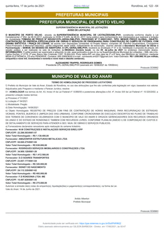 PREFEITURAS MUNICIPAIS
PREFEITURA MUNICIPAL DE PORTO VELHO
SUPERINTENDÊNCIA MUNICIPAL DE LICITAÇÕES
AVISO DE LICITAÇÃO
O MUNICÍPIO DE PORTO VELHO , através da SUPERINTENDÊNCIA MUNICIPAL DE LICITAÇÕES/SML/PVH , constituída conforme dispõe a Lei
Complementar nº 654, de 06.03.2017, publicada no DOM nº 5.405, de 06.03. 2017, torna público para conhecimento dos interessados que realizará a licitação
na modalidade: TOMADA DE PREÇO Nº 005/2021/CPL-GERAL/SML/PVH. PROCESSO Nº 11.00051/2021. TIPO: MENOR PREÇO GLOBAL. OBJETO:
CONTRATAÇÃO DE EMPRESA ESPECIALIZADA EM OBRAS E SERVIÇOS DE ENGENHARIA PARA CONSTRUÇÃO DE CAMPO DE FUTEBOL COM
GRAMA SINTÉTICA – PRAÇA DO COHAB, de acordo com disposições constantes no Projeto Básico, composto de: Planilha Orçamentária, Cronograma
Físico-Financeiro e Memorial Descritivo, partes integrantes deste edital, independente de transcrição, visando atender à Secretaria Municipal de Obras e
Pavimentação – SEMOB. DA SESSÃO DE ABERTURA: A CPL-GERAL/SML/PVH, receberá os envelopes nº 01 e 02, habilitação e proposta de preços, em
sessão pública a ser realizada na sala de licitações às 09h00min (horário local), no dia 05 de julho de 2021 no endereço mencionado abaixo.
INFORMAÇÕES: O edital poderá ser examinado e adquirido no site www.portovelho.ro.gov.br ou na Superintendência Municipal de Licitações – SML sito à Av.
Carlos Gomes, nº 2776, 2º piso, Bairro São Cristóvão; CEP: 76.804-022, Porto Velho-RO, em dias úteis de 2ª a 6ª feira, das 08h00min às 14h00min, mediante
MÍDIA ELETRÔNICA, CD e/ou PENDRIVE. Contatos: (69) 3069/3639 e e-mail: comissoes.sml2017@gmail.com. Valor Estimado: R$ 1.059.999,18 (um milhão,
cinquenta e nove mil, novecentos e noventa e nove reais e dezoito centavos).
ALEXANDRE TRAPPEL RODRIGUES GOMES
Presidente CPL-GERAL/SML/PVH (assinado em 16/06/2021 às 10h00min)
Protocolo DO8962
MUNICIPIO DE VALE DO ANARI
TERMO DE HOMOLOGAÇÃO DE PROCESSO LICITATÓRIO
O Prefeito do Município de Vale do Anari, Estado de Rondônia, no uso das atribuições que lhe são conferidas pela legislação em vigor, baseados nos valores
Adjudicados pelo Pregoeiro e mediante o Parecer Jurídico, resolve:
01 –HOMOLOGAR nos termos do Art. 43, Inciso VI da Lei Federal nº: 8.666/93 e posteriores alterações e Art. 4º, Inciso XXI da Lei Federal nº: 10.520/2002, a
presente Licitação nestes termos:
a) Processo nº 51/2021
b) Licitação nº 04/2021
c) Modalidade: Pregão
d) Data Homologação: 14/06/2021
e) Objeto Homologado: REGISTRO DE PREÇOS COM FINS DE CONTRATAÇÃO DE HORAS MAQUINAS, PARA RECUPERAÇAO DE ESTRADAS
VICINAIS, PONTES, BUEIROS E LIMPEZA DAS VIAS URBANAS, CONFORME CRONOGRAMA DE EXECUÇAO DESCRITOS NO PLANO DE TRABALHO
DOS TERMOS DE CONVENIOS CELEBRADOS COM O MUNICIPIO DE VALE DO ANARI E ORGAOS GERENCIADORES DOS RECURSOS ORIUNDOS
DA UNIAO E DO ESTADO DE RONDONIA E TAMBEM COM RECURSOS LIVRES, CONFORME PLANILHA (ANEXO I) DE COMPOSIÇAO DE CUSTOS E
DE DETALHAMENTO DE SERVIÇOS PARA ATENDER A SEC. MUN. DE OBRAS E SERVIÇOS PUBLICOS.
a) Fornecedores declarados vencedores após realização do certame licitatório.
Fornecedor: W.M CONSTRUÇOES E INSTALAÇOES SERVIÇOS EIRELI EPP
CNPJ/CPF: 22.298.593/0001-57
Valor Total Homologado – R$ 1.138.400,00
Fornecedor: AMAZONFER ESTRUTURAS METALICAS LTDA
CNPJ/CPF: 04.840.275/0001-94
Valor Total Homologado – R$ 638.000,00
Fornecedor: RODRIGUES SERVIÇOS IMOBILIARIOS E CONSTRUÇOES LTDA
CNPJ/CPF: 34.909.129/0001-39
Valor Total Homologado – R$ 1.412.560,00
Fornecedor: D.O SOARES TRANSPORTES
CNPJ/CPF: 23.857.177/0001-04
Valor Total Homologado – R$ 320.000,00
Fornecedor: SIDNEY DO NASCIMENTO
CNPJ/CPF: 24.112.329/0001-02
Valor Total Homologado – R$ 495.000,00
Fornecedor: F.S RONDONIA LTDA -ME
CNPJ/CPF: 15.497.929/0001-45
Valor Total Homologado – R$ 275.000,00
Autorizar a emissão da(s) notas de empenho(s), liquidação(ões) e pagamento(s) correspondente(s), na forma da Lei.
Vale do Anari, 14 de Junho de 2021.
Anildo Alberton
Prefeito Municipal
Protocolo DO8963
quinta-feira, 17 de junho de 2021 Diário Oficial Rondônia, ed. 122 - 64
Autenticidade pode ser verificada em: https://ppe.sistemas.ro.gov.br/Diof/Pdf/9622
Diário assinado eletronicamente por GILSON BARBOSA - Diretor, em 17/06/2021, às 00:47
 