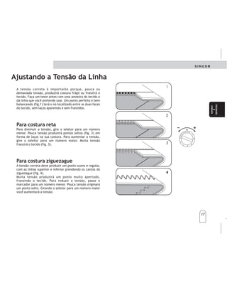 17
17
Ajustando a Tensão da Linha
A tensão correta é importante porque, pouca ou
demasiada tensão, produzirá costura frágil ou franzirá o
tecido. Faça um teste antes com uma amostra do tecido e
da linha que você pretende usar. Um ponto perfeito e bem
balanceado (fig.1) terá o nó localizado entre as duas faces
do tecido, sem laços aparentes e sem franzidos.
Para diminuir a tensão, gire o seletor para um número
menor. Pouca tensão produzirá pontos soltos (fig. 2) em
forma de laços na sua costura. Para aumentar a tensão,
gire o seletor para um número maior. Muita tensão
franzirá o tecido (fig. 3).
A tensão correta deve produzir um ponto suave e regular,
com as linhas superior e inferior prendendo os cantos do
ziguezague (fig. 4).
Muita tensão produzirá um ponto muito apertado,
franzindo o tecido. Para reduzir a tensão, passe o
marcador para um número menor. Pouca tensão originará
um ponto solto. Girando o seletor para um número maior
você aumentará a tensão.
Para costura reta
Para costura ziguezague
4
4
1
1
2
2
3
3
Latensióncorrectaesimportanteporquepocao
demasiadatensióndarálugaraunacosturafrágilo
fruncida.Anteshagaunaprueba,conunamuestrade
telaydelhiloqueustedpretendautilizar.
Unpuntoperfectoybiénbalanceado(fig.)tendráel
nudoubicadoentrelosdosladosdelaprenda,sin
lazosaparentesysinfruncir.
Paradisminuirlatensióngireelselectorparaun
númeromenor.Pocatensiónresultaráenpuntos
sueltos(fig.2)formandolazosensucostura.Para
aumentarlatensión,gireelselectorparaunnúmero
mayor.Muchatensiónfruncirálatela.(fig.3).
Latensióncorrectadeberesultarenunpuntosuavey
regular,conloshilossuperioreinferiorsujetandolas
esquinasdelzigzag(fig.4).
Muchatensióngeneraráunpuntomuyapretado,
frunciendolatela.Parareducirlatensión,paseel
selectorhaciaunnúmeromenor.Pocatensión
generaráunpuntosuelto.Girandoelselectorpara
unnúmeromayorustedaumentarálatensión.
1
Paraunacosturarecta
Paraunacosturaenzigzag
Ajustedelatensióndelhilo
Comienze
a
coser
Comienze
a
coser
Iniciando
a
costura
Iniciando
a
costura
 