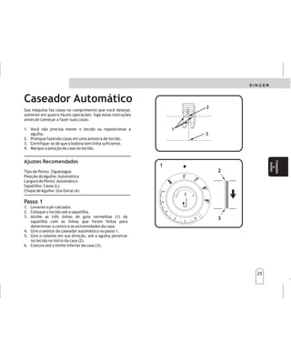 25
25
Ajustes Recomendados
Tipo de Ponto: Ziguezague
Posição daAgulha:Automático
Largura do Ponto:Automático
Sapatilha: Casas (L)
Chapa deAgulha: Uso Geral (A)
Sua máquina faz casas no comprimento que você desejar,
somente em quatro fáceis operações. Siga estas instruções
antes de começar a fazer suas casas:
1. Você não precisa mover o tecido ou reposicionar a
agulha.
2. Pratique fazendo casas em uma amostra de tecido.
3. Certifique-se de que a bobina tem linha suficiente.
4. Marque a posição da casa no tecido.
Caseador Automático
4
3
2
1
0
1
2
3
45
4
3
2
1
0
1
2
3
45
2
2
3
3
1
1
1
1
2
2
3
3
Ojaladorautomático Ojaladorautomático
Sumáquinahaceojalesaltamañodeseadoensólocuatrotiempos.
1.Nonecesitajamásmoverlatelaocambiarlaaguja.
2.Antesderealizarunojal,hagaunapruebaenuntrozodela
telaautilizar.
3.Asegúresedequelabobinacontienesuficientehilo.
4.Marquesobreeltejidolaposicióndelojalcomoseindicaen
eldiseño.
AJUSTESINICIALES
Zigzag Selecciónpunto:(Letra"A"-Módulo1)
Anchodelapuntada:Automático
Posicióndelaaguja:Automático
Prensatelas:Ojales(L)
Placaaguja:Usogeneral(A)
Ojales
y
botones
Ojales
y
botones
Caseados
e
botões
Caseados
e
botões
Paso1
1.Levanteelprensatelas.
2.Coloquelateladebajodelprensatelas.
3.Centrelas3líneas-guíarojas(1)delprensatelas,conlalínea
decomienzodelojal.
4.Gireelmandoparaojaleshacialaprimeraposición1delojal
pararealizarelprimertiempo.
5.Colocarlaagujaenlatelasobreelpunto(2)girandoelvolante
delmanohaciaVd.
6.Cosahastaelpunto(3).
(Fig.3)
Passo 1
1. Levante o pé-calcador.
2. Coloque o tecido sob a sapatilha.
3. Alinhe as três linhas de guia vermelhas (1) da
sapatilha com as linhas que foram feitas para
determinar o centro e as extremidades da casa.
4. Gire o seletor do caseador automático no passo 1.
5. Gire o volante em sua direção, até a agulha penetrar
no tecido no início da casa (2).
6. Costure até o limite inferior da casa (3).
 