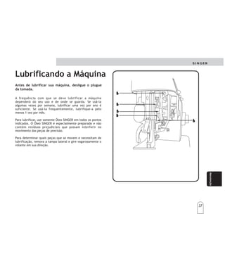 37
37
Manteni-
miento
Manteni-
miento
Manutenção
Lubrificando a Máquina
A frequência com que se deve lubrificar a máquina
dependerá do seu uso e de onde se guarda. Se usá-la
algumas vezes por semana, lubrificar uma vez por ano é
suficiente. Se usá-la frequentemente, lubrifique-a pelo
menos 1 vez por mês.
Para lubrificar, use somente Óleo SINGER em todos os pontos
indicados. O Óleo SINGER é especialmente preparado e não
contém resíduos prejudiciais que possam interferir no
movimento das peças de precisão.
Para determinar quais peças que se movem e necessitam de
lubrificação, remova a tampa lateral e gire vagarosamente o
volante em sua direção.
Antes de lubrificar sua máquina, desligue o plugue
da tomada.
Lubricacióndela
máquina
Lubricacióndela
máquina
Lafrecuenciaconquesedebelubricarlamáquina
dependerádesuusoydellugarenquelaguarda.Sila
usaalgunasvecespormes,lubricarlaunavezpor
añoessuficiente.Sielusoesfrecuente,tendráque
lubricarlaporlomenosunavezpormes.
Paralubricarla,usesolamenteaceiteSINGERen
todoslospuntosindicados.ElaceiteSINGERes
especial-mentepreparadoynocontieneresiduos
perjudicialesquepuedaninterferirenel
movimientodelaspiezasdeprecisión.
Paradeterminarcualespiezassonlasquesemueven
ynecesitandelubricación,remuevalatapafrontal
ygirelentamenteelvolanteensudirección.
ANTESDELUBRICARSUMÁQUINA
DESCONECTELADELATOMADECORRIENTE.
ANTESDELUBRICARSUMÁQUINA
DESCONECTELADELATOMADECORRIENTE.
 