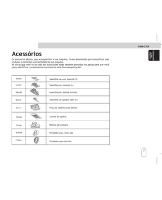 7
7
Acessórios
Os acessórios abaixo, que acompanham a sua máquina, foram desenhados para simplificar suas
costuras e aumentar a versatilidade da sua máquina.
As letras que você vê ao lado das ilustrações estão também gravadas nas peças para que você
possa identificar corretamente os acessórios para diversas aplicações.
161927
Q
L
356630
507664
179967
353364
172336
Cartela de agulhas
Sapatilha para pregar zíper (E)
Sapatilha para uso especial (J)
Sapatilha para caseado (L)
Bobinas (3 unidades)
Prendedor para retrós (Q)
Prendedor para carretel
313117
507836
446492
Placa de cobertura dos dentes
J
Sapatilha para bainha invisível
161927
Q
L
356630
507664
179967
353364
172336
Paquetedeagujas
Prensatelasparacierres
Prensatelasparapuntadainvisible
Bobinas(3unidades)
Sujetadordehilopequeño(Q)
Sujetadordehilogrande
313117
507836
446492Prensatelasdeusoespecial(J)
Prensatelasparaojales(L)
Placacubreimpelentes
Lossiguientesaccesorios,suministradosconsumáquinadecoser,estándiseñadospara
simplificarsusproyectosdecosturayaumentarlaversatilidaddesumáquina.
Laletraqueobservaalladodecadanombre,estagrabadaenelaccesorioyservirápara
asegurarlequehaseleccionadoelaccesorioadecuadoparasupropósito.
J
Acessorios
Conozca
su
máquina
Conozca
su
máquina
Conhecendo
asua
Máquina
Conhecendo
asua
Máquina
 