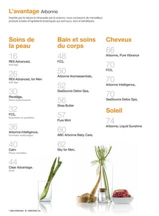 Soins de
la peau
16RE9 Advanced®
Anti-âge
26RE9 Advanced® for Men
Anti-âge
30Revelâge®
Soins éclaircissants
32FC5®
Essentiels au quotidien
36Arbonne Intelligence®
Formules multiusages
40Calm
Peaux sensibles
44Clear Advantage™
Acné
Bain et soins
du corps
48FC5®
50Arbonne Aromassentials®
52SeaSource Detox Spa®
56Shea Butter
57Pure Mint
60ABC Arbonne Baby Care®
62Sky for Men®
Cheveux
66Arbonne® Pure Vibrance
70FC5®
70Arbonne Intelligence®
70SeaSource Detox Spa®
Soleil
74Arbonne® Liquid Sunshine
Inspirés par la nature et rehaussés par la science, nous concevons de merveilleux
produits à base d’ingrédients botaniques qui sont purs, sûrs et bénéfiques.
L’avantage Arbonne
1.888.ARBONNE ARBONNE.CA
 