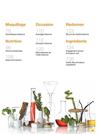Maquillage
78Cosmétiques Arbonne
Nutrition
96Arbonne Essentials®
106Arbonne Evolution™
Occasion
110Avantage Arbonne
112Occasion Arbonne
120Récompenses de
l’hôte Arbonne
Redonner
122Œuvre de charité Arbonne
Ingrédients
124Engagement encore
et toujours vert
126Guide des principaux
ingrédients
13
 
