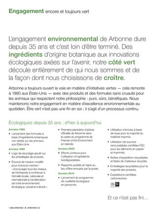 L’engagement environnemental de Arbonne dure
depuis 35 ans et c’est loin d’être terminé. Des
ingrédients d’origine botanique aux innovations
écologiques axées sur l’avenir, notre côté vert
découle entièrement de qui nous sommes et de
la façon dont nous choisissons de croître.
Arbonne a toujours ouvert la voie en matière d’initiatives vertes — cela remonte
à 1980 aux États-Unis — avec des produits et des formules sans cruauté pour
les animaux qui respectent notre philosophie : purs, sûrs, bénéfiques. Nous
maintenons notre engagement en matière d’excellence environnementale au
quotidien. Être vert n’est pas une fin en soi ; il s’agit d’un processus continu.
Engagement encore et toujours vert
Écologiques depuis 35 ans : d’hier à aujourd’hui
Années 1980
•	 Lancement des formules à
base d’ingrédients botaniques
non testés sur les animaux
aux États-Unis
Années 1990
•	 Logo de recyclage ajouté sur
les emballages de produits.
•	 Énoncé de mission modifié
pour inclure la mention :
« encourager tous les niveaux
de l’entreprise à contribuer à
l’échelle locale, nationale et
internationale à l’amélioration
de notre environnement
écologique, social et culturel ».
•	 Première plantation d’arbres
officielle de Arbonne dans
le cadre du programme de
Friends of the Environment
en Islande.
Années 2000
•	 Efforts continus pour
l’utilisation d’ingrédients
biodégradables.
•	 Rapports publiés en ligne au
lieu d’être envoyés par la poste.
Années 2010
•	 Lancement du programme
de cueillette écologique
en personne.
•	 Utilisation d’encres à base
de soya pour la majorité du
matériel imprimé.
•	 Utilisation de sources
renouvelables certifiées FSC
pour les éléments en papier
et imprimés.
•	 Boîtes d’expédition recyclables
et faites de matériaux recyclés.
•	 Emballages recyclables pour la
majorité des produits.
•	 Expéditions certifiées
carboneutres.
Et ce n’est pas fini…
1.888.ARBONNE ARBONNE.CA
 