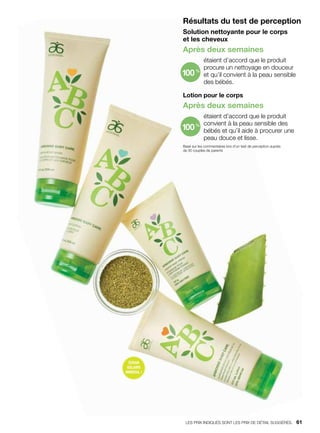 100%
100%
Résultats du test de perception
Solution nettoyante pour le corps
et les cheveux
Après deux semaines
étaient d’accord que le produit
procure un nettoyage en douceur
et qu’il convient à la peau sensible
des bébés.
Lotion pour le corps
Après deux semaines
étaient d’accord que le produit
convient à la peau sensible des
bébés et qu’il aide à procurer une
peau douce et lisse.
Basé sur les commentaires lors d’un test de perception auprès
de 30 couples de parents
ÉCRAN
SOLAIRE
MINÉRAL !
LES PRIX INDIQUÉS SONT LES PRIX DE DÉTAIL SUGGÉRÉS.   61
 