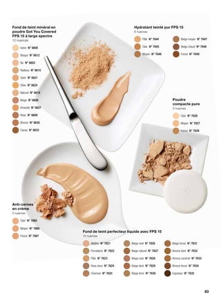Fond de teint minéral en
poudre Got You Covered
FPS 15 à large spectre
12 nuances
 Ivoire N° 6600
 Bisque N° 6612
 Nu  N° 6603
 Radieux N° 6615
 Satin N° 6621
 Olive N° 6624
 Naturel  N° 6618
 Beige N° 6606
 Amande N° 6627
 Rose N° 6609
 Bronze N° 6630
 Cacao N° 6633
Poudre
compacte pure
3 nuances
 Clair N° 7826
 Moyen N° 7827
 Foncé N° 7828
Anti-cernes
en crème
3 nuances
 Clair N° 7865
 Moyen N° 7866
 Foncé N° 7867
Hydratant teinté pur FPS 15
6 nuances
 Pâle N° 7644
 Clair N° 7645
 Moyen N° 7646
  Beige moyen  N° 7647
  Beige chaud  N° 7648
 Foncé N° 7649
Fond de teint perfecteur liquide avec FPS 15
15 nuances
 Albâtre N° 7621
 Porcelaine N° 7622
 Pâle N° 7623
  Rose doux  N° 7624
 Chamois N° 7625
  Beige miel  N° 7626
  Beige naturel  N° 7627
  Beige rosé  N° 7628
  Beige doré  N° 7629
  Beige terre  N° 7630
  Beige foncé  N° 7631
  Bronze doré  N° 7632
  Bronze caramel  N° 7633
  Bronze foncé  N° 7634
 Espresso N° 7635
83
 