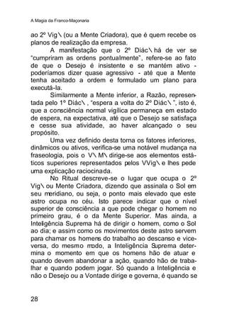 A Magia da Franco-Maçonaria


ao 2º Vig∴(ou a Mente Criadora), que é quem recebe os
planos de realização da empresa.
        A manifestação que o 2º Diác∴há de ver se
“cumpriram as ordens pontualmente”, refere-se ao fato
de que o Desejo é insistente e se mantém ativo -
poderíamos dizer quase agressivo - até que a Mente
tenha aceitado a ordem e formulado um plano para
executá-la.
        Similarmente a Mente inferior, a Razão, represen-
tada pelo 1º Diác∴, “espera a volta do 2º Diác∴”, isto é,
que a consciência normal vigílica permaneça em estado
de espera, na expectativa, até que o Desejo se satisfaça
e cesse sua atividade, ao haver alcançado o seu
propósito.
        Uma vez definido desta torna os fatores inferiores,
dinâmicos ou ativos, verifica-se uma notável mudança na
fraseologia, pois o V∴M∴dirige-se aos elementos está-
ticos superiores representados pelos VVig∴e lhes pede
uma explicação raciocinada.
        No Ritual descreve-se o lugar que ocupa o 2º
Vig∴ou Mente Criadora, dizendo que assinala o Sol em
seu meridiano, ou seja, o ponto mais elevado que este
astro ocupa no céu. Isto parece indicar que o nível
superior de consciência a que pode chegar o homem no
primeiro grau, é o da Mente Superior. Mas ainda, a
Inteligência Suprema há de dirigir o homem, como o Sol
ao dia; e assim como os movimentos deste astro servem
para chamar os homens do trabalho ao descanso e vice-
versa, do mesmo modo, a Inteligência Suprema deter-
mina o momento em que os homens hão de atuar e
quando devem abandonar a ação, quando hão de traba-
lhar e quando podem jogar. Só quando a Inteligência e
não o Desejo ou a Vontade dirige e governa, é quando se


28
 