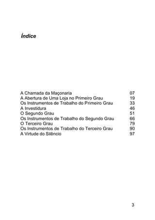 Índice




A Chamada da Maçonaria                         07
A Abertura de Uma Loja no Primeiro Grau        19
Os Instrumentos de Trabalho do Primeiro Grau   33
A Investidura                                  46
O Segundo Grau                                 51
Os Instrumentos de Trabalho do Segundo Grau    66
O Terceiro Grau                                79
Os Instrumentos de Trabalho do Terceiro Grau   90
A Virtude do Silêncio                          97




                                               3
 