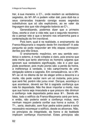 A Magia da Franco-Maçonaria


trar, à sua maneira, o C∴, onde residem os verdadeiros
segredos, do M∴M∴e podem voltar dali, para dizê-los a
seus camaradas trazendo consigo esses segredos
substitutivos que só são explicáveis, ao se valer da
linguagem dos que não chegarão todavia ao C∴.
        Generalizando, podemos dizer que o primeiro
Grau, exorta a viver a vida reta; que o segundo recomen-
da o pensar reto e que o terceiro nos encaminha para a
contemplação do fim inevitável.
        Pois bem, qual é na realidade, o ensinamento da
Franco-Maçonaria a respeito deste fim inevitável? A esta
pergunta se pode responder em três etapas correspon-
dentes aos três Graus.
        O ensinamento maçônico, em seu sentido exo-
térico e externo, é muito símples e claro, pois ensina que
esta morte que tanto aterroriza os homens vulgares que
ignoram sua verdadeira significação, não é o pior que
pode acontecer, pois muito piores são: a perda da honra,
a indiferença à verdade, o não cumprimento de uma
obrigação solene e sagrada. Em conseqüência, se o M∴
M∴se vê no dilema de ter de eleger entre a desonra e a
morte, não pode vacilar nem um só instante, pois jurou
que será fiel, porém não jurou viver. Daí que, aconteça o
que acontecer, deverá ser fiel à sagrada confiança que
nele foi depositada. Não lhe deve importar a morte, mas
que sua honra seja imaculada e que procura não diminuir
a confiança nele depositada pelos seus IIr∴. Sendo ele
falso, todo o edifício da Franco-Maçonaria cairá por terra,
e então, não poderia existir a confiança mútua, nem
nenhum maçom poderia confiar sua honra a outros. O
T∴, seria, destruído, sem ficar pedra sobre pedra e seria
necessário recomeçar o edifício, desde os alicerces. Não,
os princípios da integridade, da honra e da lealdade
implicam confiança incomovível. Estes princípios são

82
 