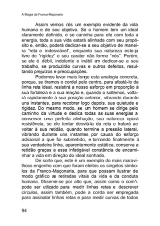 A Magia da Franco-Maçonaria


        Assim vemos nós um exemplo evidente da vida
humana e de seu objetivo. Se o homem tem um ideal
claramente definido, e se caninha para ele com toda a
energia, toda a sua vida estará alinhada com seu propó-
sito e, então, poderá dedicar-se a seu objetivo de manei-
ra “reta e indesviável”, enquanto sua natureza este-ja
livre de “rigidez” e seu carater não forme “nós”. Porém,
se ele é débil, indolente e inábil em dedicar-se a seu
trabalho, se produzirão curvas e outros defeitos, resul-
tando prejuízos e preocupações.
        Podemos levar mais longe esta analogia concreta,
porque, se tiramos o cordel pelo centro, para afastá-lo da
linha reta ideal, resistirá a nosso esforço em proporção à
sua fortaleza e a sua reação e, quando o soltemos, volta-
rá rapidamente à sua posição anterior, vibrando durante
uns instantes, para recobrar logo depois, sua quietude e
rigidez. Do mesmo modo, se um homem se dirige pelo
caminho da virtude e dedica todas as suas energias a
conservar uma perfeita alinhação, sua natureza oporá
resistência, se ele tentar desviá-la da reta e tratará ae
voltar à sua retidão, quando termine a pressão lateral,
vibrando durante uns instantes por causa do esforço
adicional a que foi submetido, e tornando finalmente à
sua verdadeira linha, aparentemente estática, conserva a
retidão graças a essa infatigável constância de encami-
nhar a vida em direção do ideal sonhado.
        De sorte que, este é um exemplo do mais maravi-
lhoso engenho com que foram eleitos os singelos símbo-
los da Franco-Maçonaria, para que possam ilustrar de
modo gráfico as retiradas vitais da vida e da conduta
humana. 0bserve-se por alto que, assim como o com∴
pode ser utlizado para medir linhas retas e descrever
círculos, assim também, pode a corda ser empregada
para assinalar linhas retas e para medir curvas de todos

94
 