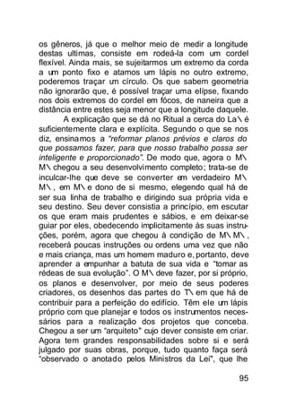 os gêneros, já que o melhor meio de medir a longitude
destas ultimas, consiste em rodeá-la com um cordel
flexível. Ainda mais, se sujeitarmos um extremo da corda
a um ponto fixo e atamos um lápis no outro extremo,
poderemos traçar u círculo. Os que sabem geometria
                     m
não ignorarão que, é possível traçar uma elípse, fixando
nos dois extremos do cordel em fócos, de naneira que a
distância entre estes seja menor que a longitude daquele.
        A explicação que se dá no Ritual a cerca do La∴é
suficientemente clara e explícita. Segundo o que se nos
diz, ensina mos a “reformar planos prévios e claros do
que possamos fazer, para que nosso trabalho possa ser
inteligente e proporcionado”. De modo que, agora o M∴
M∴chegou a seu desenvolvimento completo ; trata-se de
inculcar-lhe que deve se converter em verdadeiro M∴
M∴, em M∴e dono de si mesmo, elegendo qual há de
ser sua linha de trabalho e dirigindo sua própria vida e
seu destino. Seu dever consistia a princípio, em escutar
os que eram mais prudentes e sábios, e em deixar-se
guiar por eles, obedecendo implicitamente às suas instru-
ções, porém, agora que chegou à condição de M∴M∴,
receberá poucas instruções ou ordens uma vez que não
e mais criança, mas um homem maduro e, portanto, deve
aprender a empunhar a batuta de sua vida e “tomar as
rédeas de sua evolução”. O M∴deve fazer, por si próprio,
os planos e desenvolver, por meio de seus poderes
criadores, os desenhos das partes do T∴em que há de
contribuir para a perfeição do edifício. Têm ele um lápis
próprio com que planejar e todos os instrumentos neces-
sários para a realização dos projetos que conceba.
Chegou a ser um “arquiteto" cujo dever consiste em criar.
Agora tem grandes responsabilidades sobre si e será
julgado por suas obras, porque, tudo quanto faça será
“observado o anotado pelos Ministros da Lei", que lhe

                                                      95
 