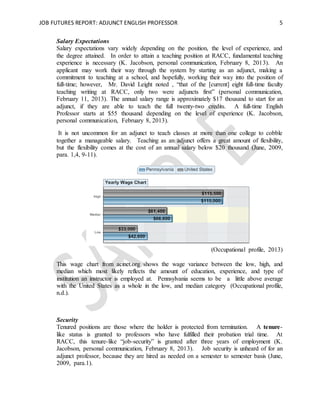 JOB FUTURES REPORT: ADJUNCT ENGLISH PROFESSOR 5
Salary Expectations
Salary expectations vary widely depending on the position, the level of experience, and
the degree attained. In order to attain a teaching position at RACC, fundamental teaching
experience is necessary (K. Jacobson, personal communication, February 8, 2013). An
applicant may work their way through the system by starting as an adjunct, making a
commitment to teaching at a school, and hopefully, working their way into the position of
full-time; however, Mr. David Leight noted , “that of the [current] eight full-time faculty
teaching writing at RACC, only two were adjuncts first” (personal communication,
February 11, 2013). The annual salary range is approximately $17 thousand to start for an
adjunct, if they are able to teach the full twenty-two credits. A full-time English
Professor starts at $55 thousand depending on the level of experience (K. Jacobson,
personal communication, February 8, 2013).
It is not uncommon for an adjunct to teach classes at more than one college to cobble
together a manageable salary. Teaching as an adjunct offers a great amount of flexibility,
but the flexibility comes at the cost of an annual salary below $20 thousand (June, 2009,
para. 1,4, 9-11).
(Occupational profile, 2013)
This wage chart from acinet.org shows the wage variance between the low, high, and
median which most likely reflects the amount of education, experience, and type of
institution an instructor is employed at. Pennsylvania seems to be a little above average
with the United States as a whole in the low, and median category (Occupational profile,
n.d.).
Security
Tenured positions are those where the holder is protected from termination. A tenure-
like status is granted to professors who have fulfilled their probation trial time. At
RACC, this tenure-like “job-security” is granted after three years of employment (K.
Jacobson, personal communication, February 8, 2013). Job security is unheard of for an
adjunct professor, because they are hired as needed on a semester to semester basis (June,
2009, para.1).
 