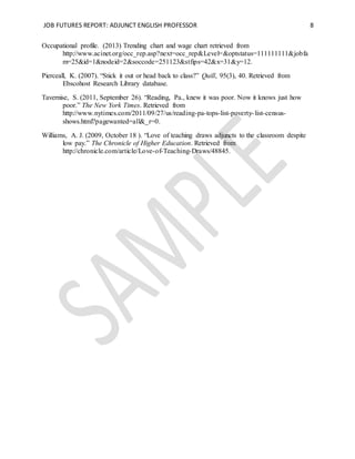 JOB FUTURES REPORT: ADJUNCT ENGLISH PROFESSOR 8
Occupational profile. (2013) Trending chart and wage chart retrieved from
http://www.acinet.org/occ_rep.asp?next=occ_rep&Level=&optstatus=111111111&jobfa
m=25&id=1&nodeid=2&soccode=251123&stfips=42&x=31&y=12.
Pierceall, K. (2007). “Stick it out or head back to class?” Quill, 95(3), 40. Retrieved from
Ebscohost Research Library database.
Tavernise, S. (2011, September 26). “Reading, Pa., knew it was poor. Now it knows just how
poor.” The New York Times. Retrieved from
http://www.nytimes.com/2011/09/27/us/reading-pa-tops-list-poverty-list-census-
shows.html?pagewanted=all&_r=0.
Williams, A. J. (2009, October 18 ). “Love of teaching draws adjuncts to the classroom despite
low pay.” The Chronicle of Higher Education. Retrieved from
http://chronicle.com/article/Love-of-Teaching-Draws/48845.
 