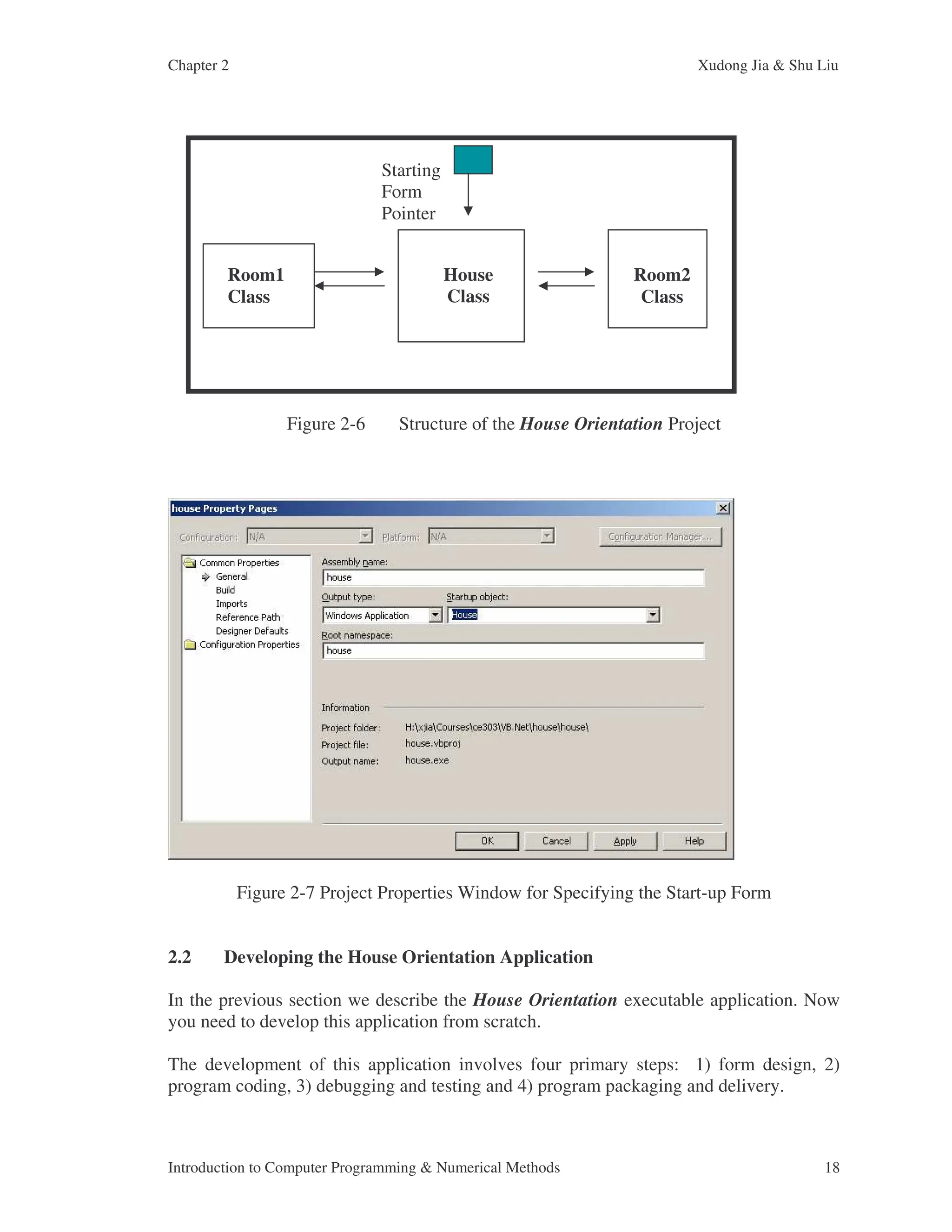 Chapter 2 Xudong Jia & Shu Liu Introduction to Computer Programming & Numerical Methods 18 Figure 2-6 Structure of the House Orientation Project Figure 2-7 Project Properties Window for Specifying the Start-up Form 2.2 Developing the House Orientation Application In the previous section we describe the House Orientation executable application. Now you need to develop this application from scratch. The development of this application involves four primary steps: 1) form design, 2) program coding, 3) debugging and testing and 4) program packaging and delivery. Room1 Class House Class Room2 Class Starting Form Pointer 