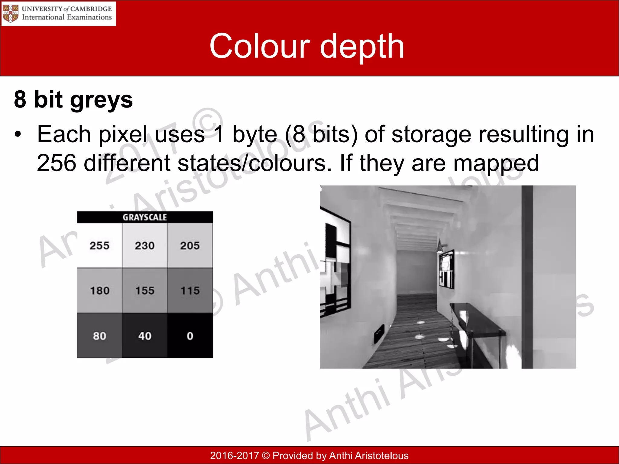 2016-2017 © Provided by Anthi Aristotelous
Colour depth
8 bit greys
• Each pixel uses 1 byte (8 bits) of storage resulting in
256 different states/colours. If they are mapped
 