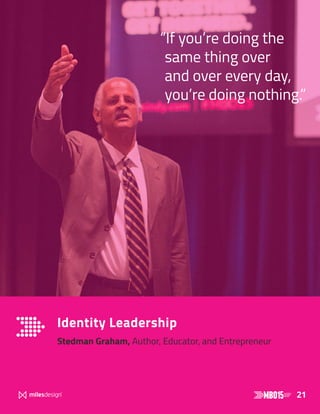 21
Identity Leadership
Stedman Graham, Author, Educator, and Entrepreneur
“If you’re doing the
same thing over
and over every day,
you’re doing nothing.”
 