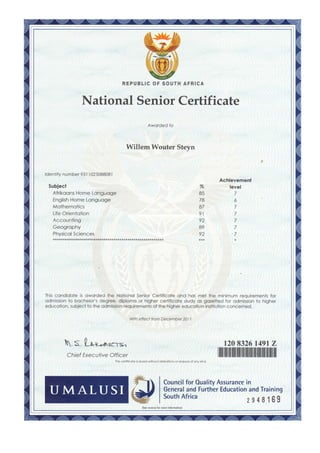 Matric Certificate and Achievements