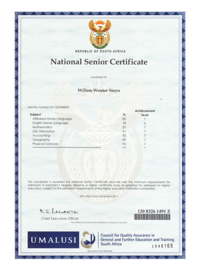 matric certificate and achievements