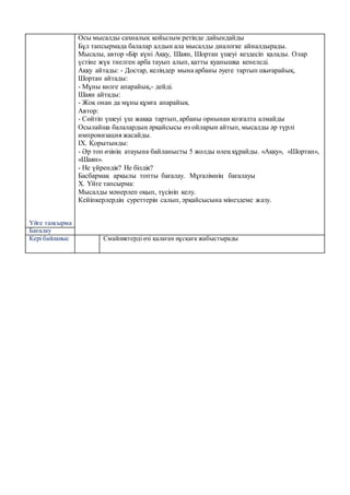 Үйге тапсырма
Осы мысалды сахналық қойылым ретінде дайындайды
Бұл тапсырмада балалар алдын ала мысалды диалогке айналдырады.
Мысалы, автор «Бір күні Аққу, Шаян, Шортан үшеуі кездесіп қалады. Олар
үстіне жүк тиелген арба тауып алып, қатты қуанышқа кенеледі.
Аққу айтады: - Достар, келіңдер мына арбаны әуеге тартып шығарайық,
Шортан айтады:
- Мұны көлге апарайық,- дейді.
Шаян айтады:
- Жоқ онан да мұны құмға апарайық.
Автор:
- Сөйтіп үшеуі үш жаққа тартып, арбаны орнынан қозғалта алмайды
Осылайша балалардың әрқайсысы өз ойларын айтып, мысалды әр түрлі
импровизация жасайды.
ІХ. Қорытынды:
- Әр топ өзінің атауына байланысты 5 жолды өлең құрайды. «Аққу», «Шортан»,
«Шаян».
- Не үйрендік? Не білдік?
Басбармақ арқылы топты бағалау. Мұғалімнің бағалауы
Х. Үйге тапсырма:
Мысалды мәнерлеп оқып, түсініп келу.
Кейіпкерлердің суреттерін салып, әрқайсысына мінездеме жазу.
Бағалау
Кері байланыс Смайликтерді өзі қалаған нұсқаға жабыстырады
 