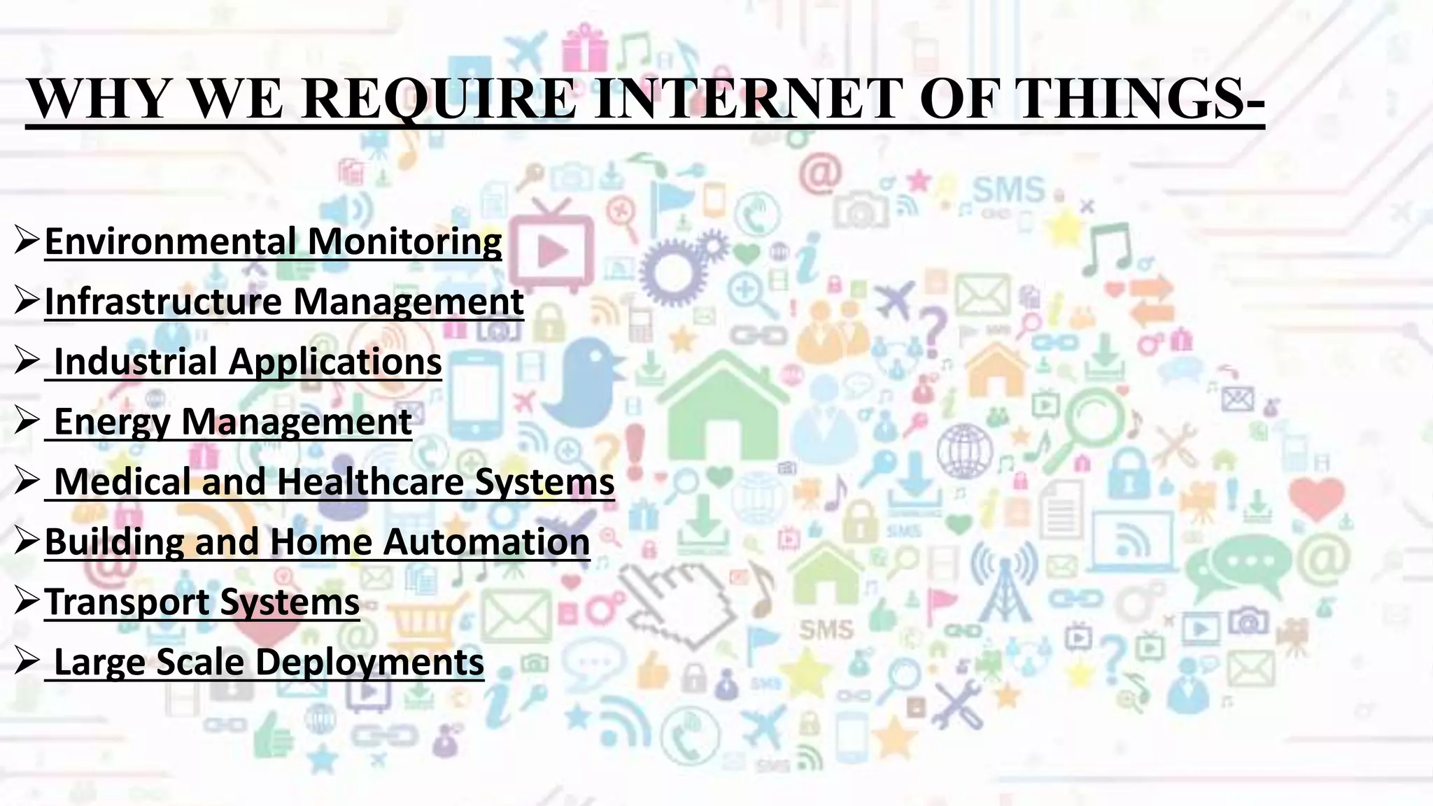WHY WE REQUIRE INTERNET OF THINGS-
Environmental Monitoring
Infrastructure Management
 Industrial Applications
 Energy Management
 Medical and Healthcare Systems
Building and Home Automation
Transport Systems
 Large Scale Deployments
 