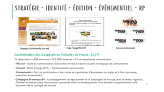 STRATÉGIE  IDENTITÉ  ÉDITION  ÉVÉNEMENTIEL  RP
Confédération des Coopératives Vinicoles de France (CCVF)
21 fédérations – 400 structures – 110 000 membres – 12 correspondants communication
• Mission : Audit de communication, élaboration et mise en œuvre du plan stratégique de communication
• Conseil : Etude d’image (BVA) – Positionnement communication
• Evénementiel : Suivi de participation à des salons et organisation d’événements en région et à Paris (présence,
animation, partenariats)
•Campagne de marque/RP : Accompagnement du déploiement de la campagne de marque dans le réseau régional ;
Création et mise en place d’un concours sponsorisé visant le développement d’un sentiment d’appartenance et le
lancement de la stratégie de marque
6
Concours professionnelCampagne institutionnelle, site web Etude d’image BVA/CCVF
 
