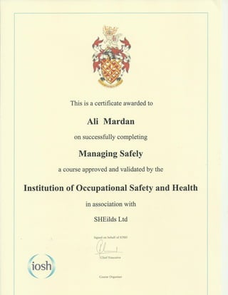 IOSH MS Certificate Ali Mardan