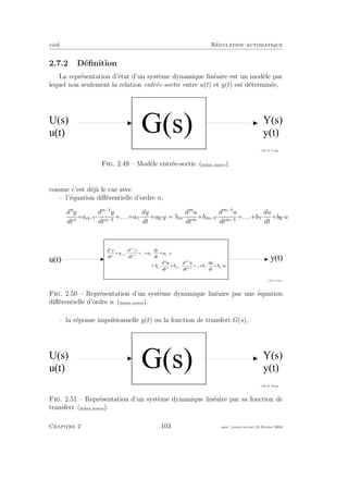 eivd R´egulation automatique
2.7.2 D´eﬁnition
La repr´esentation d’´etat d’un syst`eme dynamique lin´eaire est un mod`ele par
lequel non seulement la relation entr´ee-sortie entre u(t) et y(t) est d´etermin´ee,
U ( s )
u ( t )
Y ( s )
y ( t )
G ( s )
f _ 0 2 _ 0 1 _ 2 7 . e p s
Fig. 2.49 – Mod`ele entr´ee-sortie (ﬁchier source).
comme c’est d´ej`a le cas avec
– l’´equation diﬀ´erentielle d’ordre n,
dn
y
dtn
+an− ·
dn−
y
dtn−
+. . .+a ·
dy
dt
+a ·y = bm·
dm
u
dtm
+bm− ·
dm−
u
dtm−
+. . .+b ·
du
dt
+b ·u
d y
d t
a
d y
d t
a
d y
d t
a y
b
d u
d t
b
d u
d t
b
d u
d t
b u
n
n n
n
n
m
m
m m
m
m
+ × + + × + ×
= × + × + + × + ×
-
-
-
-
-
-
1
1
1 1 0
1
1
1 1 0
K
K
y ( t )u ( t )
f _ 0 2 _ 0 1 _ 1 9 . e p s
Fig. 2.50 – Repr´esentation d’un syst`eme dynamique lin´eaire par une ´equation
diﬀ´erentielle d’ordre n (ﬁchier source).
– la r´eponse impulsionnelle g(t) ou la fonction de transfert G(s),
U ( s )
u ( t )
Y ( s )
y ( t )
G ( s )
f _ 0 2 _ 0 1 _ 2 8 . e p s
Fig. 2.51 – Repr´esentation d’un syst`eme dynamique lin´eaire par sa fonction de
transfert (ﬁchier source).
Chapitre 2 103 mee cours˙ra.tex16 f´evrier 2004
 