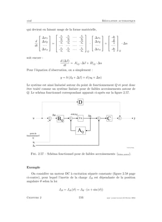 eivd R´egulation automatique
qui devient en faisant usage de la forme matricielle,
d
dt




∆x
∆x
· · ·
∆xn



 =





∂f1
∂x1
∂f1
∂x2
· · · ∂f1
∂xn
∂f2
∂x1
∂f2
∂x2
· · · ∂f2
∂xn
· · · · · · · · · · · ·
∂fn
∂x1
∂fn
∂x2
· · · ∂fn
∂xn





Q
·




∆x
∆x
· · ·
∆xn



 +




∂g1
∂u
∂g2
∂u
· · ·
∂gn
∂u




Q
· ∆u
soit encore :
d (∆x)
dt
= A|Q · ∆x + B|Q · ∆u
Pour l’´equation d’observation, on a simplement :
y = h (x + ∆x) + d (u + ∆u)
Le syst`eme est ainsi lin´earis´e autour du point de fonctionnement Q et peut donc
ˆetre trait´e comme un syst`eme lin´eaire pour de faibles accroissements autour de
Q. Le sch´ema fonctionnel correspondant apparaˆıt ci-apr`es sur la ﬁgure 2.57.
u 0
u 555
-
D
C
5
p o i n t d e
f o n c t i o n n e m e n T
Q
B Q
A Q
y
x 0
1 / s
, u
d / d t ( , x )
, x
f _ 0 2 _ 0 2 _ 0 2 . e p s
Fig. 2.57 – Sch´ema fonctionnel pour de faibles accroissements (ﬁchier source).
Exemple
On consid`ere un moteur DC `a excitation s´epar´ee constante (ﬁgure 2.58 page
ci-contre), pour lequel l’inertie de la charge Jch est d´ependante de la position
angulaire θ selon la loi
Jch = Jch (ϑ) = JN · (α + sin (ϑ))
Chapitre 2 116 mee cours˙ra.tex16 f´evrier 2004
 