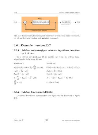 eivd R´egulation automatique
-
G 1
( s ) G 4
( s ) G 6
( s ) / G 3
( s )5U ( s ) Y ( s )G 3
( s ) / G 4
( s )
c o n t r e - r é a c t i o n u n i t a i r e
G o
( s )
f _ 0 3 _ 0 9 . e p s
Fig. 3.8 – Si n´ecessaire, le sch´ema peut encore ˆetre pr´esent´e sous forme canonique,
i.e. tel que la contre-r´eaction soit unitaire (ﬁchier source).
3.6 Exemple : moteur DC
3.6.1 Sch´ema technologique, mise en ´equations, mod`eles
en t et en s
En se r´ef´erant au § 2.3.4 page 77, les mod`eles en t et en s du syst`eme dyna-
mique lin´eaire de la ﬁgure 3.9 sont :
Mod`ele en t Mod`ele en s
ua(t) = Ra · ia(t) + La ·
dia
dt
+ em(t) Ua(s) = Ra · Ia(s) + La · s · Ia(s) + Em(s)
em(t) = KE · ω(t) Em(s) = KE · Ω(s)
Tem(t) = KT · ia(t) Tem(s) = KT · Ia(s)
Jt ·
dω
dt
= Tem(t) − Rf · ω(t) Jt · s · Ω(s) = Tem(s) − Rf · Ω(s)
dθ
dt
= ω(t) s · Θ(s) = Ω(s)
3.6.2 Sch´ema fonctionnel d´etaill´e
Le sch´ema fonctionnel correspondant aux ´equations est donn´e sur la ﬁgure
3.10.
Chapitre 3 129 mee cours˙ra.tex16 f´evrier 2004
 