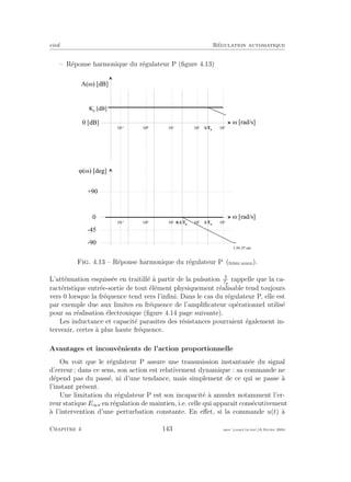 eivd R´egulation automatique
– R´eponse harmonique du r´egulateur P (ﬁgure 4.13)
w [ r a d / s ]
A ( w ) [ d B ]
0 [ d B ]
w [ r a d / s ]
j ( w ) [ d e g ]
0
+ 9 0
- 9 0
1 0
- 1
1 0
0
1 0
1
1 0
2
1 0
3
K p
[ d B ]
1 0
- 1
1 0
0
1 0
1
1 0
2
1 0
3
- 4 5
1 / T
p
0 . 1 / T p
1 / T p
f _ 0 4 _ 0 7 . e p s
Fig. 4.13 – R´eponse harmonique du r´egulateur P (ﬁchier source).
L’att´enuation esquiss´ee en traitill´e `a partir de la pulsation Tp
rappelle que la ca-
ract´eristique entr´ee-sortie de tout ´el´ement physiquement r´ealisable tend toujours
vers 0 lorsque la fr´equence tend vers l’inﬁni. Dans le cas du r´egulateur P, elle est
par exemple due aux limites en fr´equence de l’ampliﬁcateur op´erationnel utilis´e
pour sa r´ealisation ´electronique (ﬁgure 4.14 page suivante).
Les inductance et capacit´e parasites des r´esistances pourraient ´egalement in-
tervenir, certes `a plus haute fr´equence.
Avantages et inconv´enients de l’action proportionnelle
On voit que le r´egulateur P assure une transmission instantan´ee du signal
d’erreur ; dans ce sens, son action est relativement dynamique : sa commande ne
d´epend pas du pass´e, ni d’une tendance, mais simplement de ce qui se passe `a
l’instant pr´esent.
Une limitation du r´egulateur P est son incapacit´e `a annuler notamment l’er-
reur statique E∞v en r´egulation de maintien, i.e. celle qui apparaˆıt cons´ecutivement
`a l’intervention d’une perturbation constante. En eﬀet, si la commande u(t) `a
Chapitre 4 143 mee cours˙ra.tex16 f´evrier 2004
 