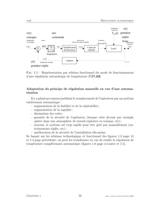 eivd R´egulation automatique
T c
( t )
t e m p é r a t u r e
d e c o n s i g n e
t e m p é r a t u r e m e s u r é e
T m
( t )
C a p t e u r
A m p l i f i c a t e u r
d e p u i s s a n c e
L o c a l
C o r p s d e
c h a u f f e
T ( t )
t e m p é r a t u r e
d u l o c a l
p ( t ) = u ( t )
2
/ R
p u i s s a n c et e n s i o n a u x
b o r n e s d u c o r p s d e c h a u f f e
u c c
( t )
f _ 0 1 _ 0 7 . e p s
5
-
w ( t )
c o n s i g n e
y ( t )
g r a n d e u r r é g l é e
e ( t )
e r r e u r
u ( t )
c o m m a n d e
x ( t )
g r a n d e u r
r é g l é e
b r u t e
R é g u l a t e u r
T e x t
( t )
t e m p é r a t u r e
e x t é r i e u r e
e ( t )
G ( t )
u ( t )
Fig. 1.5 – Repr´esentation par sch´ema fonctionnel du mode de fonctionnement
d’une r´egulation automatique de temp´erature ( ).
Adaptation du principe de r´egulation manuelle en vue d’une automa-
tisation
Il y a plusieurs raisons justiﬁant le remplacement de l’op´erateur par un syst`eme
enti`erement automatique :
– augmentation de la ﬁabilit´e et de la r´ep´etabilit´e ;
– augmentation de la rapidit´e ;
– diminution des coˆuts ;
– garantie de la s´ecurit´e de l’op´erateur (lorsque celui devrait par exemple
op´erer dans une atmosph`ere de travail explosive ou toxique, etc) ;
– souvent, le syst`eme est trop rapide pour ˆetre g´er´e par manuellement (en-
traˆınements r´egl´es, etc) ;
– am´elioration de la s´ecurit´e de l’installation elle-mˆeme.
Se basant sur les sch´emas technologique et fonctionnel des ﬁgures 1.3 page 14
et 1.4 page pr´ec´edente, on peut les transformer en vue de rendre la r´egulation de
temp´erature compl`etement automatique (ﬁgures 1.6 page ci-contre et 1.5).
Chapitre 1 16 mee cours˙ra.tex16 f´evrier 2004
 