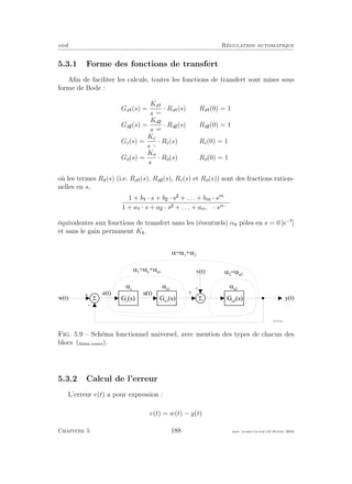 eivd R´egulation automatique
5.3.1 Forme des fonctions de transfert
Aﬁn de faciliter les calculs, toutes les fonctions de transfert sont mises sous
forme de Bode :
Ga (s) =
Ka
sαa1
· Ra (s) Ra (0) = 1
Ga (s) =
Ka
sαa2
· Ra (s) Ra (0) = 1
Gc(s) =
Kc
sαc
· Rc(s) Rc(0) = 1
Go(s) =
Ko
sα
· Ro(s) Ro(0) = 1
o`u les termes Rk(s) (i.e. Ra (s), Ra (s), Rc(s) et Ro(s)) sont des fractions ration-
nelles en s,
1 + b · s + b · s + . . . + bm · sm
1 + a · s + a · s + . . . + an−α · sn−α
´equivalentes aux fonctions de transfert sans les (´eventuels) αk pˆoles en s = 0 [s−
]
et sans le gain permanent Kk.
5
+
-
5
+
-
w ( t )
v ( t )
y ( t )G a 1
( s ) G a 2
( s )
e ( t )
G c
( s )
u ( t )
= 1
= = c
+ = a 1 = 2
= = a 2
= c
= a 1
= a 2
= = = 1
+ = 2
f _ 0 5 _ 0 3 . e p s
Fig. 5.9 – Sch´ema fonctionnel universel, avec mention des types de chacun des
blocs (ﬁchier source).
5.3.2 Calcul de l’erreur
L’erreur e(t) a pour expression :
e(t) = w(t) − y(t)
Chapitre 5 188 mee cours˙ra.tex16 f´evrier 2004
 