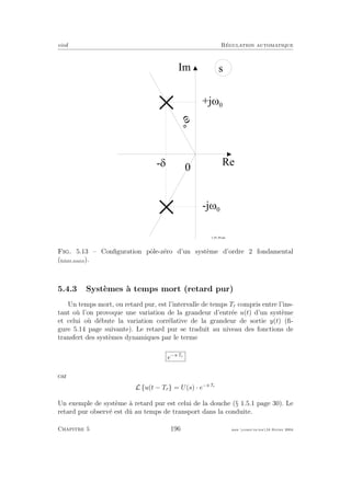 eivd R´egulation automatique
0
R e
I m s
f _ 0 5 _ 0 9 . e p s
+ j M 0
- j M 0
- @
Mn
Fig. 5.13 – Conﬁguration pˆole-z´ero d’un syst`eme d’ordre 2 fondamental
(ﬁchier source).
5.4.3 Syst`emes `a temps mort (retard pur)
Un temps mort, ou retard pur, est l’intervalle de temps Tr compris entre l’ins-
tant o`u l’on provoque une variation de la grandeur d’entr´ee u(t) d’un syst`eme
et celui o`u d´ebute la variation corr´elative de la grandeur de sortie y(t) (ﬁ-
gure 5.14 page suivante). Le retard pur se traduit au niveau des fonctions de
transfert des syst`emes dynamiques par le terme
e−s·Tr
car
L {u(t − Tr} = U(s) · e−s·Tr
Un exemple de syst`eme `a retard pur est celui de la douche (§ 1.5.1 page 30). Le
retard pur observ´e est dˆu au temps de transport dans la conduite.
Chapitre 5 196 mee cours˙ra.tex16 f´evrier 2004
 