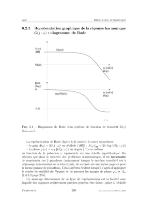 eivd R´egulation automatique
6.2.3 Repr´esentation graphique de la r´eponse harmonique
G(j · ω) : diagramme de Bode
M [ r a d / s ]
( l o g )
A ( M ) |
[ d B ]
0 [ d B ]
| G ( j M ) |
M [ r a d / s ]
( l o g )
B ( M ) |
[ d e g ]
0
f _ 0 6 _ 1 5 . e p s
- 1 8 0
a r g { G ( j M ) }
Fig. 6.4 – Diagramme de Bode d’un syst`eme de fonction de transfert G(s)
(ﬁchier source).
La repr´esentation de Bode (ﬁgure 6.4) consiste `a tracer s´epar´ement
– le gain A(ω) = |G(j · ω)| en d´ecibels ( [dB]) : A(ω)| = 20 · log (|G(j · ω)|)
– la phase ϕ(ω) = arg {G(j · ω)} en degr´es ( [◦
]) ou radians
en fonction de la pulsation ω repr´esent´ee sur une ´echelle logarithmique. On
rel`evera que dans le contexte des probl`emes d’automatique, il est n´ecessaire
de repr´esenter ces 2 grandeurs (notamment lorsque le syst`eme consid´er´e est `a
d´ephasage non-minimal ou `a retard pur), de surcroˆıt sur une mˆeme page et pour
la mˆeme gamme de pulsations. Cela s’av´erera ´evident lorsqu’il s’agira d’appliquer
le crit`ere de stabilit´e de Nyquist et de mesurer les marges de phase ϕm et Am
(§ 6.8.3 page 235).
Un avantage d´eterminant de ce type de repr´esentation est la facilit´e avec
laquelle des esquisses relativement pr´ecises peuvent ˆetre faites : grˆace `a l’´echelle
Chapitre 6 209 mee cours˙ra.tex16 f´evrier 2004
 