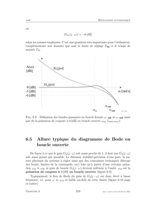 eivd R´egulation automatique
ou
|Gw (j · ω)| = −6 [dB]
selon les normes employ´ees. C’est une grandeur tr`es importante pour l’utilisateur,
compl´ementaire aux donn´ees que sont la dur´ee de r´eglage T et le temps de
mont´ee Tm.
M [ r a d / s ]
A ( M ) |
[ d B ]
0 [ d B ]
M c o f _ 0 6 _ 1 6 . e p s
| G o
( j M ) |
| G w
( j M ) |
M - 3 d B
M - 6 d B
- 3 [ d B ]
- 6 [ d B ]
Fig. 6.9 – D´eﬁnition des bandes passantes en boucle ferm´ee ω− et ω− ainsi
que de la pulsation de coupure `a 0 [dB] en boucle ouverte ωco (ﬁchier source).
6.5 Allure typique du diagramme de Bode en
boucle ouverte
De fa¸con `a ce que le gain Gw(j · ω) soit aussi proche de 1, il faut que Go(j · ω)
soit aussi grand que possible. Le dilemme stabilit´e-pr´ecision d’une part, la na-
ture physique du syst`eme `a r´egler ainsi que des contraintes techniques (ﬁltrage
des bruits, limites de la commande, etc) font qu’`a partir d’une certaine pulsa-
tion ωco ≈ ωB, le gain de boucle Go(j · ω) devient inf´erieur `a l’unit´e. ωco est la
pulsation de coupure `a 0 [dB] en boucle ouverte (ﬁgure 6.9).
Typiquement, le lieu de Bode du gain de Go(j · ω) est donc ´elev´e `a basse
fr´equence, i.e. pour ω ωco et faible au-del`a de cette limite (ﬁgure 6.10 page
ci-contre).
Chapitre 6 216 mee cours˙ra.tex16 f´evrier 2004
 