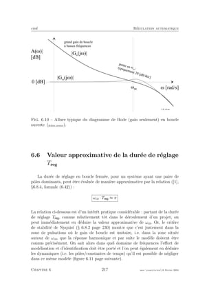 eivd R´egulation automatique
M [ r a d / s ]
A ( M ) |
[ d B ]
0 [ d B ]
p e n t e e n M
c o :
t y p i q u e m e n t 2 0 [ d B / d é c ]
M c o
f _ 0 6 _ 0 4 . e p s
g r a n d g a i n d e b o u c l e
à b a s s e s f r é q u e n c e s
| G o
( j M ) |
| G w
( j M ) |
Fig. 6.10 – Allure typique du diagramme de Bode (gain seulement) en boucle
ouverte (ﬁchier source).
6.6 Valeur approximative de la dur´ee de r´eglage
Treg
La dur´ee de r´eglage en boucle ferm´ee, pour un syst`eme ayant une paire de
pˆoles dominants, peut ˆetre ´evalu´ee de mani`ere approximative par la relation ([1],
§6.8.4, formule (6.42)) :
ωco · T ≈ π
La relation ci-dessous est d’un int´erˆet pratique consid´erable : partant de la dur´ee
de r´eglage T , connue relativement tˆot dans le d´eroulement d’un projet, on
peut imm´ediatement en d´eduire la valeur approximative de ωco. Or, le crit`ere
de stabilit´e de Nyquist (§ 6.8.2 page 230) montre que c’est justement dans la
zone de pulsations o`u le gain de boucle est unitaire, i.e. dans la zone situ´ee
autour de ωco, que la r´eponse harmonique et par suite le mod`ele doivent ˆetre
connus pr´ecis´ement. On sait alors dans quel domaine de fr´equences l’eﬀort de
mod´elisation et d’identiﬁcation doit ˆetre port´e et l’on peut ´egalement en d´eduire
les dynamiques (i.e. les pˆoles/constantes de temps) qu’il est possible de n´egliger
dans ce mˆeme mod`ele (ﬁgure 6.11 page suivante).
Chapitre 6 217 mee cours˙ra.tex16 f´evrier 2004
 