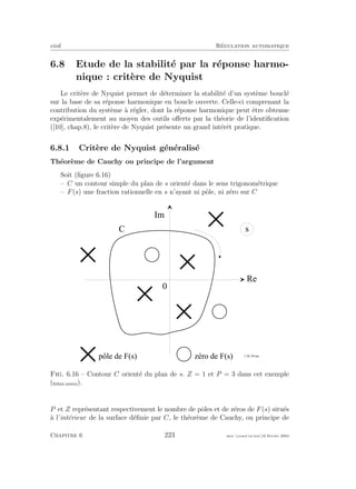 eivd R´egulation automatique
6.8 Etude de la stabilit´e par la r´eponse harmo-
nique : crit`ere de Nyquist
Le crit`ere de Nyquist permet de d´eterminer la stabilit´e d’un syst`eme boucl´e
sur la base de sa r´eponse harmonique en boucle ouverte. Celle-ci comprenant la
contribution du syst`eme `a r´egler, dont la r´eponse harmonique peut ˆetre obtenue
exp´erimentalement au moyen des outils oﬀerts par la th´eorie de l’identiﬁcation
([10], chap.8), le crit`ere de Nyquist pr´esente un grand int´erˆet pratique.
6.8.1 Crit`ere de Nyquist g´en´eralis´e
Th´eor`eme de Cauchy ou principe de l’argument
Soit (ﬁgure 6.16)
– C un contour simple du plan de s orient´e dans le sens trigonom´etrique
– F(s) une fraction rationnelle en s n’ayant ni pˆole, ni z´ero sur C
R e
0
s
I m
f _ 0 6 _ 0 6 . e p s
C
p ô l e d e F ( s ) z é r o d e F ( s )
Fig. 6.16 – Contour C orient´e du plan de s. Z = 1 et P = 3 dans cet exemple
(ﬁchier source).
P et Z repr´esentant respectivement le nombre de pˆoles et de z´eros de F(s) situ´es
`a l’int´erieur de la surface d´eﬁnie par C, le th´eor`eme de Cauchy, ou principe de
Chapitre 6 223 mee cours˙ra.tex16 f´evrier 2004
 