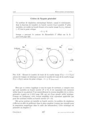 eivd R´egulation automatique
Crit`ere de Nyquist g´en´eralis´e
Un syst`eme de r´egulation automatique lin´eaire, causal et stationnaire,
dont la fonction de transfert en boucle ouverte Go(s) poss`ede P pˆoles
instables, est stable en boucle ferm´ee si la courbe image Go (s)C entoure
(−P) fois le point critique
−1 + j · 0
lorsque s parcourt le contour de Bromwhich C d´eﬁni sur la ﬁ-
gure 6.16 page 223.
R e
0
1 + G o
( s )
I m
f _ 0 6 _ 0 8 . e p s
- 1 + j 0
R e
G o
( s )
I m
G o
( s ) C
0
1 + G o
( s ) C
- 1 + j 0
Fig. 6.19 – Mesurer le nombre de tours de la courbe image F(s) = 1 + Go(s)
autour de l’origine est identique `a mesurer le nombre de tours de la courbe image
F(s) = Go(s) autour du point critique −1 + j · 0 (ﬁchier source).
Bien que ce crit`ere s’applique `a tous les types de syst`emes, y compris ceux
qui sont instables en boucle ouverte (P = 0), il est cependant tr`es rarement
utilis´e dans le cas g´en´eral. C’est essentiellement la version simpliﬁ´ee de ce crit`ere,
pr´esent´ee ci-apr`es au § 6.8.2 page 230, qui est d’une grande utilit´e pratique.
Comme on l’indiquera, cette version simpliﬁ´ee n’est cependant applicable que
pour des syst`emes stables en boucle ouverte (P = 0).
D`es qu’un syst`eme est instable en boucle ouverte, la synth`ese du r´egulateur
s’eﬀectue en eﬀet de pr´ef´erence dans le plan complexe (comme par exemple pour
la suspension magn´etique dans le cadre des laboratoires). Cette technique est
pr´esent´ee au chapitre 7.
Chapitre 6 227 mee cours˙ra.tex16 f´evrier 2004
 
