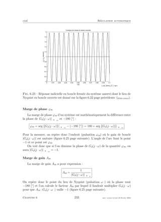 eivd R´egulation automatique
0 0.01 0.02 0.03 0.04 0.05 0.06 0.07 0.08 0.09 0.1
0
0.2
0.4
0.6
0.8
1
1.2
1.4
1.6
1.8
2
ω
c
,ω
m
[rad/sec]
t [s]
Consigne de vitesse et vitesse mesurée
Fig. 6.23 – R´eponse indicielle en boucle ferm´ee du syst`eme asservi dont le lieu de
Nyquist en boucle ouverte est donn´e sur la ﬁgure 6.22 page pr´ec´edente (ﬁchier source).
Marge de phase ϕm
La marge de phase ϕm d’un syst`eme est math´ematiquement la diﬀ´erence entre
la phase de Go(j · ω)|ω ωco
et −180 [◦
] :
ϕm = arg {Go(j · ω)}|ω ωco
− (−180 [◦
]) = 180 + arg {Go(j · ω)}|ω ωco
Pour la mesurer, on rep`ere donc l’endroit (pulsation ωco) o`u le gain de boucle
|Go(j · ω)| est unitaire (ﬁgure 6.25 page suivante). L’angle de l’arc liant le point
−1 et ce point est ϕm.
On voit donc que si l’on diminue la phase de Go(j · ω) de la quantit´e ϕm, on
aura |Go(j · ω)|ω ωco
= −1.
Marge de gain Am
La marge de gain Am a pour expression :
Am =
1
|Go(j · ω)|ω ωπ
On rep`ere donc le point du lieu de Nyquist (pulsation ωπ) o`u la phase vaut
−180 [◦
] et l’on calcule le facteur Am par lequel il faudrait multiplier Go(j · ω)
pour que Am · Go(j · ωπ) vaille −1 (ﬁgure 6.25 page suivante).
Chapitre 6 233 mee cours˙ra.tex16 f´evrier 2004
 