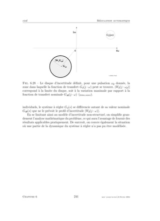 eivd R´egulation automatique
G a
( j M )
I m
R e
f _ r o b u s t e _ 0 7 . e p s
| W 2
G a 0
|
G a 0
0
Fig. 6.28 – Le disque d’incertitude d´eﬁnit, pour une pulsation ωp donn´ee, la
zone dans laquelle la fonction de transfert Ga(j · ω) peut se trouver. |W (j · ωp)|
correspond `a la limite du disque, soit `a la variation maximale par rapport `a la
fonction de transfert nominale Ga (j · ω) (ﬁchier source).
individuels, le syst`eme `a r´egler Ga(s) se diﬀ´erencie autant de sa valeur nominale
Ga (s) que ne le pr´evoit le proﬁl d’incertitude |W (j · ω)|.
En se limitant ainsi au mod`ele d’incertitude non-structur´e, on simpliﬁe gran-
dement l’analyse math´ematique du probl`eme, ce qui aura l’avantage de fournir des
r´esultats applicables pratiquement. De surcroˆıt, on couvre ´egalement la situation
o`u une partie de la dynamique du syst`eme `a r´egler n’a pas pu ˆetre mod´elis´ee.
Chapitre 6 241 mee cours˙ra.tex16 f´evrier 2004
 