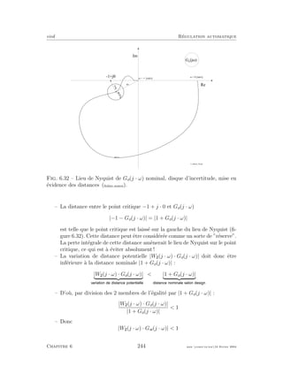 eivd R´egulation automatique
G o
( j w )
I m
R e
- 1 + j 0 w = 0 [ r a d / s ]
w = [ r a d / s ]¥
f _ r o b u s t e _ 2 4 . e p s
G o
1+Go
|W
2
G
o
|
Fig. 6.32 – Lieu de Nyquist de Go(j · ω) nominal, disque d’incertitude, mise en
´evidence des distances (ﬁchier source).
– La distance entre le point critique −1 + j · 0 et Go(j · ω)
|−1 − Go(j · ω)| = |1 + Go(j · ω)|
est telle que le point critique est laiss´e sur la gauche du lieu de Nyquist (ﬁ-
gure 6.32). Cette distance peut ˆetre consid´er´ee comme un sorte de ”r´eserve”.
La perte int´egrale de cette distance am`enerait le lieu de Nyquist sur le point
critique, ce qui est `a ´eviter absolument !
– La variation de distance potentielle |W (j · ω) · Go(j · ω)| doit donc ˆetre
inf´erieure `a la distance nominale |1 + Go(j · ω)| :
|W (j · ω) · Go(j · ω)|  |1 + Go(j · ω)|
– D’o`u, par division des 2 membres de l’´egalit´e par |1 + Go(j · ω)| :
|W (j · ω) · Go(j · ω)|
|1 + Go(j · ω)|
 1
– Donc
|W (j · ω) · Gw(j · ω)|  1
Chapitre 6 244 mee cours˙ra.tex16 f´evrier 2004
 