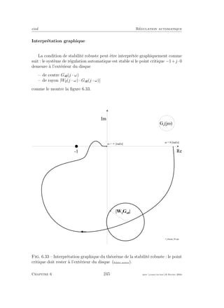 eivd R´egulation automatique
Interpr´etation graphique
La condition de stabilit´e robuste peut ˆetre interpr´et´ee graphiquement comme
suit : le syst`eme de r´egulation automatique est stable si le point critique −1+j ·0
demeure `a l’ext´erieur du disque
– de centre Go (j · ω)
– de rayon |W (j · ω) · Go (j · ω)|
comme le montre la ﬁgure 6.33.
G o
( j w )
I m
R e- 1
w = 0 [ r a d / s ]
w = [ r a d / s ]¥
f _ r o b u s t e _ 0 5 . e p s
| W 2
G o 0
|
Fig. 6.33 – Interpr´etation graphique du th´eor`eme de la stabilit´e robuste : le point
critique doit rester `a l’ext´erieur du disque (ﬁchier source).
Chapitre 6 245 mee cours˙ra.tex16 f´evrier 2004
 