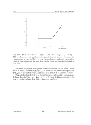 eivd R´egulation automatique
10
−3
10
−2
10
−1
10
0
−20
−15
−10
−5
0
5
10
15
20
ω [rad/s]
W2
(ω)
Fig. 6.35 – Proﬁl d’incertitude : −6 [dB] = 50% `a basse fr´equence, −10 [dB] =
33% aux fr´equences interm´ediaires et augmentation aux hautes fr´equences. On
remarque que la fonction W (j · ω) peut ˆetre quelconque (mais doit ˆetre stable),
en particulier discontinue. Ce n’est donc pas forc´ement une fonction de transfert
(ﬁchier source).
Notons qu’en principe, c’est plutˆot la d´emarche inverse qui est suivie : ayant
d´eﬁni le proﬁl d’incertitude |W (j · ω)|, on en d´eduit les performances possibles
de Gw (s) et par suite le r´egulateur Gc(s) : c’est l’objet de la synth`ese robuste.
On peut alors faire le test de la stabilit´e robuste, en tra¸cant ici le diagramme
de Bode du gain W (j · ω) · Gw (j · ω) ∞  1 (ﬁgure 6.36 page suivante). On
observe que la condition de stabilit´e robuste est satisfaite.
Chapitre 6 247 mee cours˙ra.tex16 f´evrier 2004
 