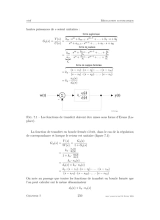 eivd R´egulation automatique
hautes puissances de s soient unitaires :
Go(s) =
Y (s)
U(s)
=
bm · sm
+ bm− · sm−
+ . . . + b · s + b
sn + an− · sn− + . . . + a · s + a
=
bm
an
ko
·
sm
+ bm−1
bm
· sm−
+ . . . + b0
bm
sn + an−1
an
· sn− + . . . + a0
an
= ko ·
(s − z ) · (s − z ) · . . . · (s − zm)
(s − s ) · (s − s ) · . . . · (s − sn)
= ko ·
no(s)
do(s)
S
-
w ( t ) y ( t )
f _ 0 7 _ 0 1 . e p s
( )
( )sd
sn
k
o
o
o
×
Fig. 7.1 – Les fonctions de transfert doivent ˆetre mises sous forme d’Evans (La-
place).
La fonction de transfert en boucle ferm´ee s’´ecrit, dans le cas de la r´egulation
de correspondance et lorsque le retour est unitaire (ﬁgure 7.1)
Gw(s) =
Y (s)
W(s)
=
Go(s)
1 + Go(s)
=
ko · no s
do s
1 + ko · no s
do s
=
ko · no(s)
do(s) + ko · no(s)
=
ko · (s − z ) · (s − z ) · . . . · (s − zm)
(s − sf ) · (s − sf ) · . . . · (s − sfn)
On note au passage que toutes les fonctions de transfert en boucle ferm´ee que
l’on peut calculer ont le mˆeme d´enominateur
do(s) + ko · no(s)
Chapitre 7 250 mee cours˙ra.tex16 f´evrier 2004
 