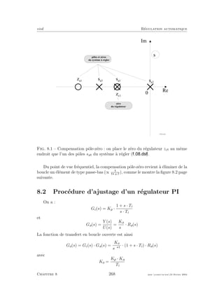 eivd R´egulation automatique
0
R e
I m
s
z a 1
s a 1 s a 2
s a 3
z c 1
f _ 0 8 _ 0 1 . e p s
p ô l e s e t z é r o s
d u s y s t è m e à r é g l e r
z é r o
d u r é g u l a t e u r
Fig. 8.1 – Compensation pˆole-z´ero : on place le z´ero du r´egulateur zc au mˆeme
endroit que l’un des pˆoles sa du syst`eme `a r´egler ( ).
Du point de vue fr´equentiel, la compensation pˆole-z´ero revient `a ´eliminer de la
boucle un ´el´ement de type passe-bas (∝ s·T
), comme le montre la ﬁgure 8.2 page
suivante.
8.2 Proc´edure d’ajustage d’un r´egulateur PI
On a :
Gc(s) = Kp ·
1 + s · Ti
s · Ti
et
Ga(s) =
Y (s)
U(s)
=
Ka
sα
· Ra(s)
La fonction de transfert en boucle ouverte est ainsi
Go(s) = Gc(s) · Ga(s) =
Ko
sα
· (1 + s · Ti) · Ra(s)
avec
Ko =
Kp · Ka
Ti
Chapitre 8 268 mee cours˙ra.tex16 f´evrier 2004
 
