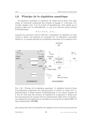eivd R´egulation automatique
1.6 Principe de la r´egulation num´erique
En r´egulation num´erique, le r´egulateur est r´ealis´e sous la forme d’un algo-
rithme de traitement, programm´e par exemple en langage C, s’ex´ecutant `a in-
tervalles r´eguliers h [s]. h est la p´eriode d’´echantillonnage. Cela signiﬁe que la
grandeur r´egl´ee y(t) est ´echantillonn´ee, i.e. y(t) n’est observ´ee qu’aux instants
d’´echantillonnage
0 · h, 1 · h, 2 · h, . . . k · h, . . .
auxquels une conversion A/D est eﬀectu´ee. L’algorithme du r´egulateur est alors
ex´ecut´e et d´elivre une grandeur de commande u(k · h) ´egalement `a intervalles
r´eguliers h. L’avantage principal de la r´egulation num´erique est la souplesse d’em-
A
D
A
D
w ( k h )
y ( k h )
u ( t ) x ( t )u ( k h )
A N A L O G I Q U EN U M E R I Q U E
A L G O R I T H M E
S Y S T E M E
A
R E G L E R
H O R L O G E
u ( k h )
k h
y ( k h )
k h
t
w ( k h )
k h
t
h
t
y ( t )
v ( t )
5
+
+
n ( t )
c o n s i g n e
b r u i t s u r l a m e s u r e
g r a n d e u r r é g l é e
c o m m a n d ec o m m a n d e
p e r t u r b a t i o n
f _ 0 1 _ 2 3 . e p s
R é g u l a t e u r
Fig. 1.29 – Principe de la r´egulation num´erique : le r´egulateur prend la forme
d’un algorithme programm´e sur microprocesseur et ex´ecut´e en temps r´eel, i.e.
imp´erativement `a chaque p´eriode d’´echantillonnage h. Les valeurs typiques de
h vont de 10 [s] pour des syst`emes de r´egulation de temp´erature `a 50 [µs] pour
des asservissements de courants dans les entraˆınements r´egl´es. Pour ces derniers,
une implantation du r´egulateur en assembleur sur processeur de signal (DSP) est
quasi indispensable ( ).
ploi, puisqu’aussi bien les param`etres du r´egulateur que sa structure peuvent ˆetre
Chapitre 1 40 mee cours˙ra.tex16 f´evrier 2004
 