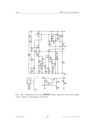 eivd R´egulation automatique
Fig. 1.38 – R´egulateur de tension , sch´ema ´equivalent du circuit int´egr´e,
boˆıtier, sch´ema technologique ´equivalent.
Chapitre 1 48 mee cours˙ra.tex16 f´evrier 2004
 
